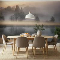 Woodland Dawn Reflection wallpaper, misty lake, perfect mirror reflection, serene home décor.