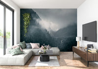 Gloomy wall art, canyon river, cold peaks, cinematic wall covering.
