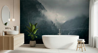 Dramatic Misty Woodland Cascade print, brooding mountains, deep gorge, forest backdrop.