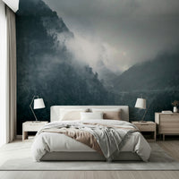 Hauntingly beautiful landscape, Misty Woodland Cascade, desolate slope, high impact.