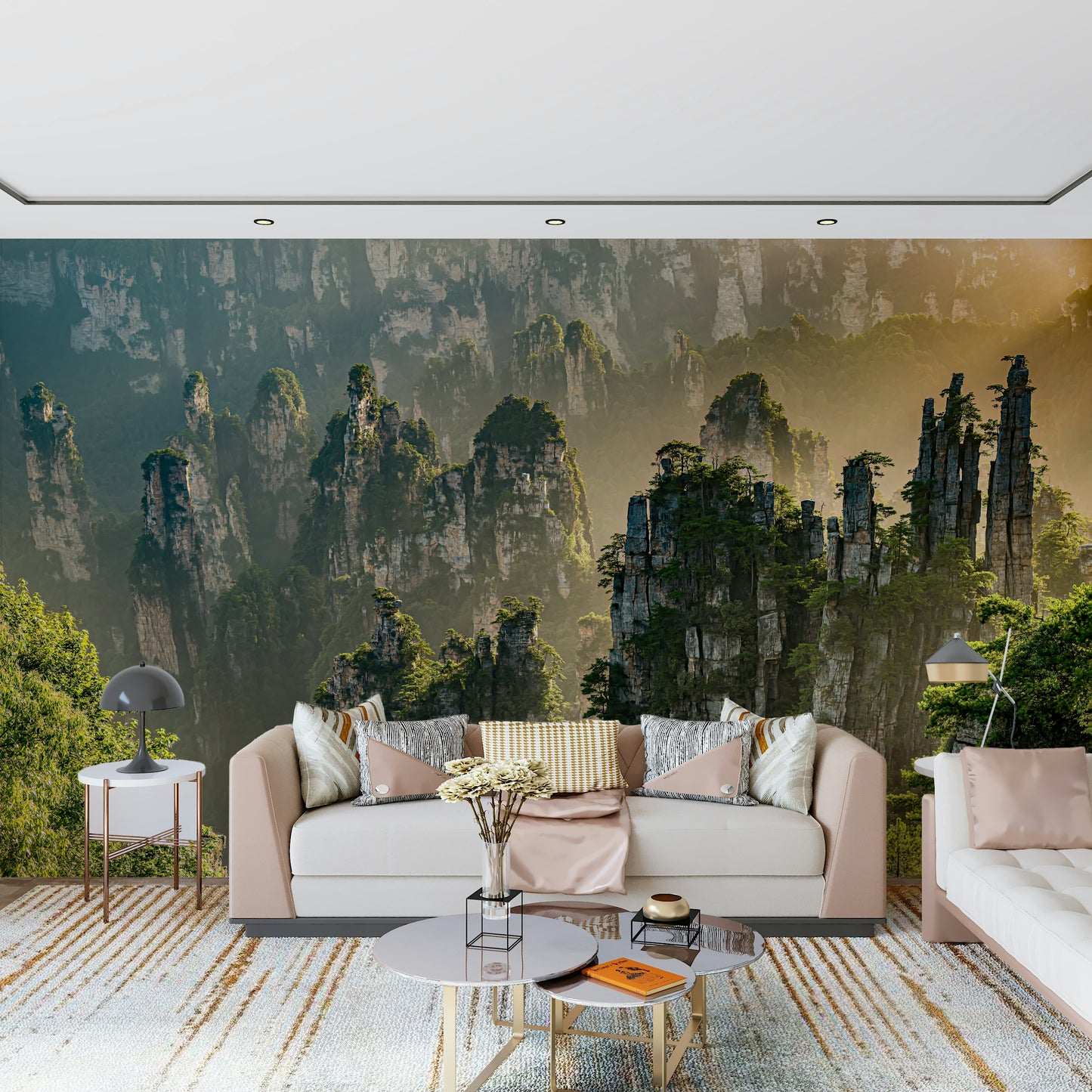 Dramatic rock peaks wallpaper, lush woodland, inspiring natural wonder, artistic.