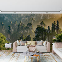 Dramatic rock peaks wallpaper, lush woodland, inspiring natural wonder, artistic.