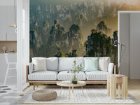 Floating Woodland Peaks mural, towering rock formations, verdant canopy, scenic.