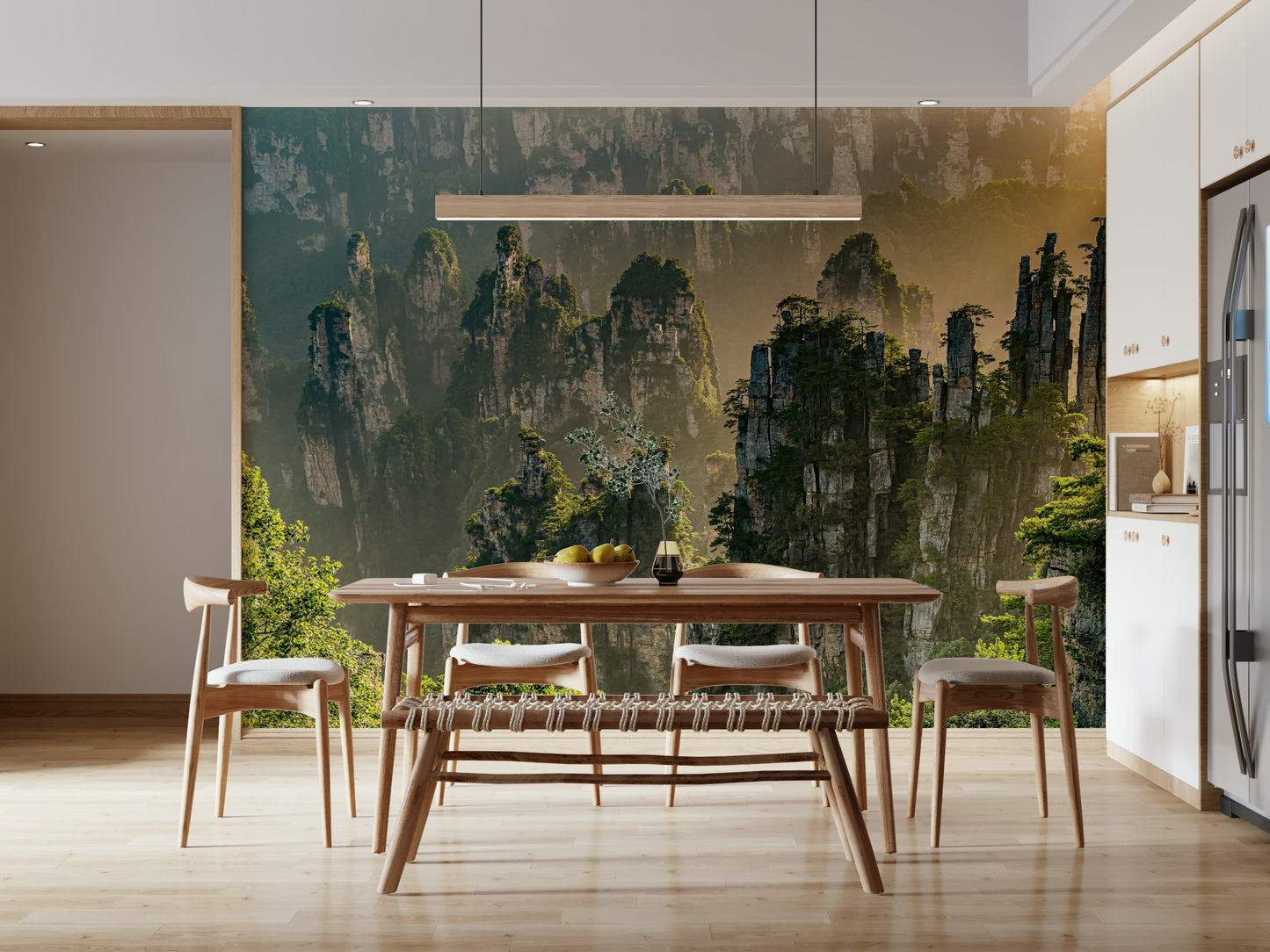 Opulent woodland cliff wallpaper, isolated summits, dense green undergrowth.