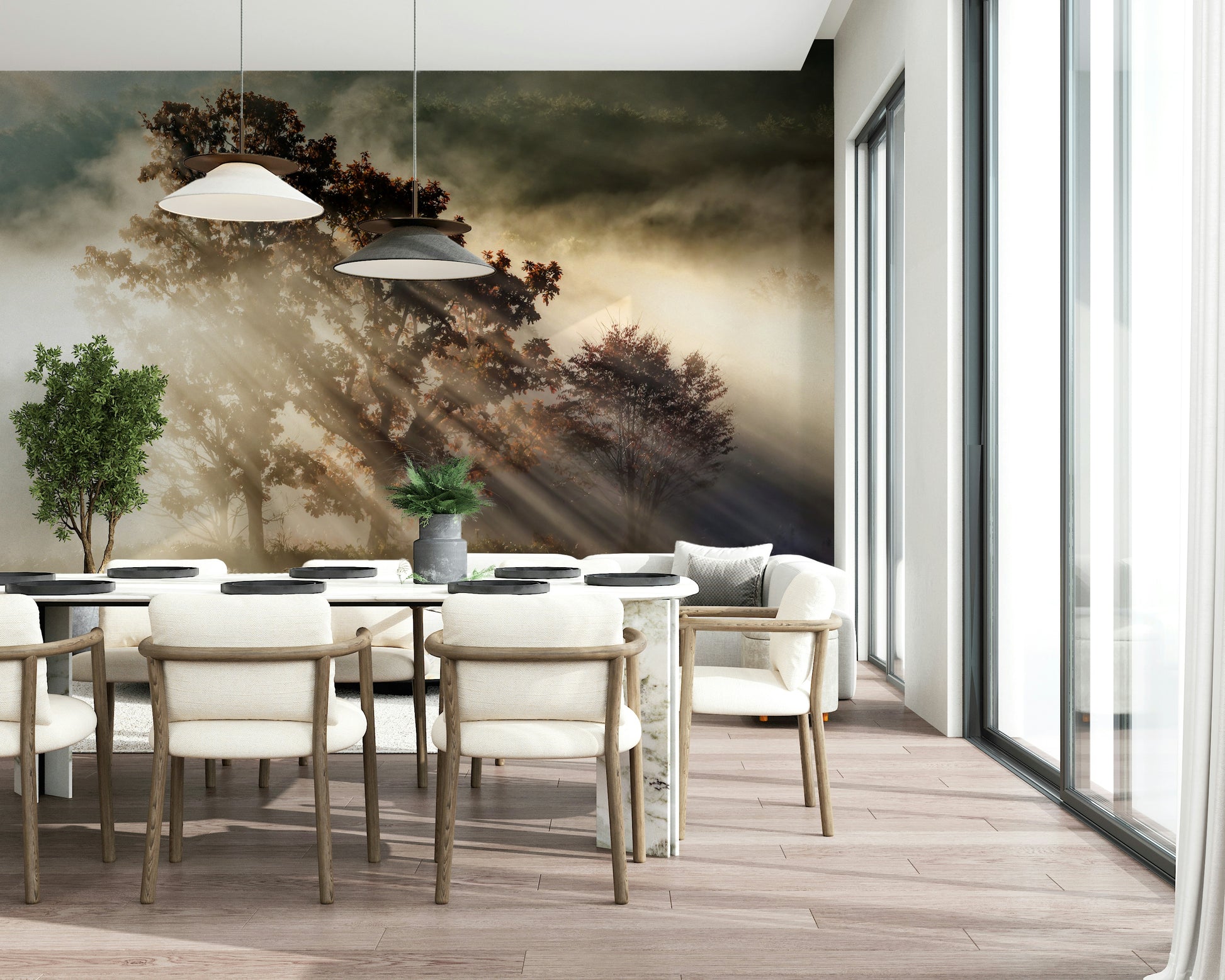 Beautiful forest wall mural, streaks of light, damp ground, custom print.