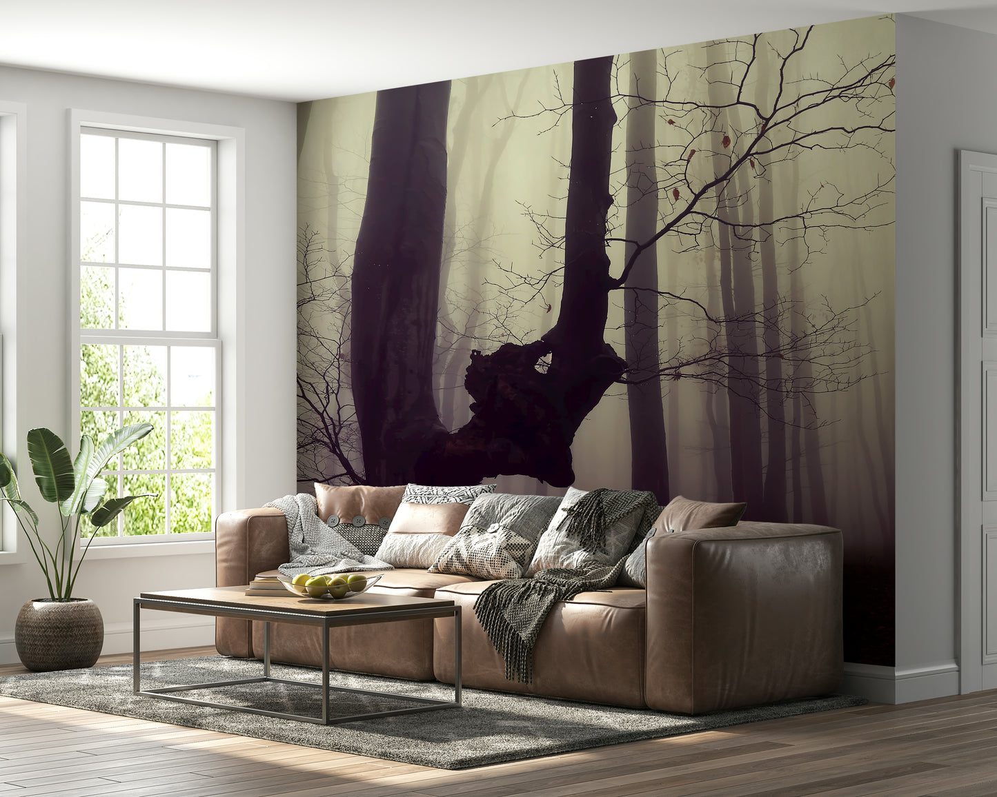 Wallpaper for walls, melancholy forest, twisted trunk, shadowy ground.