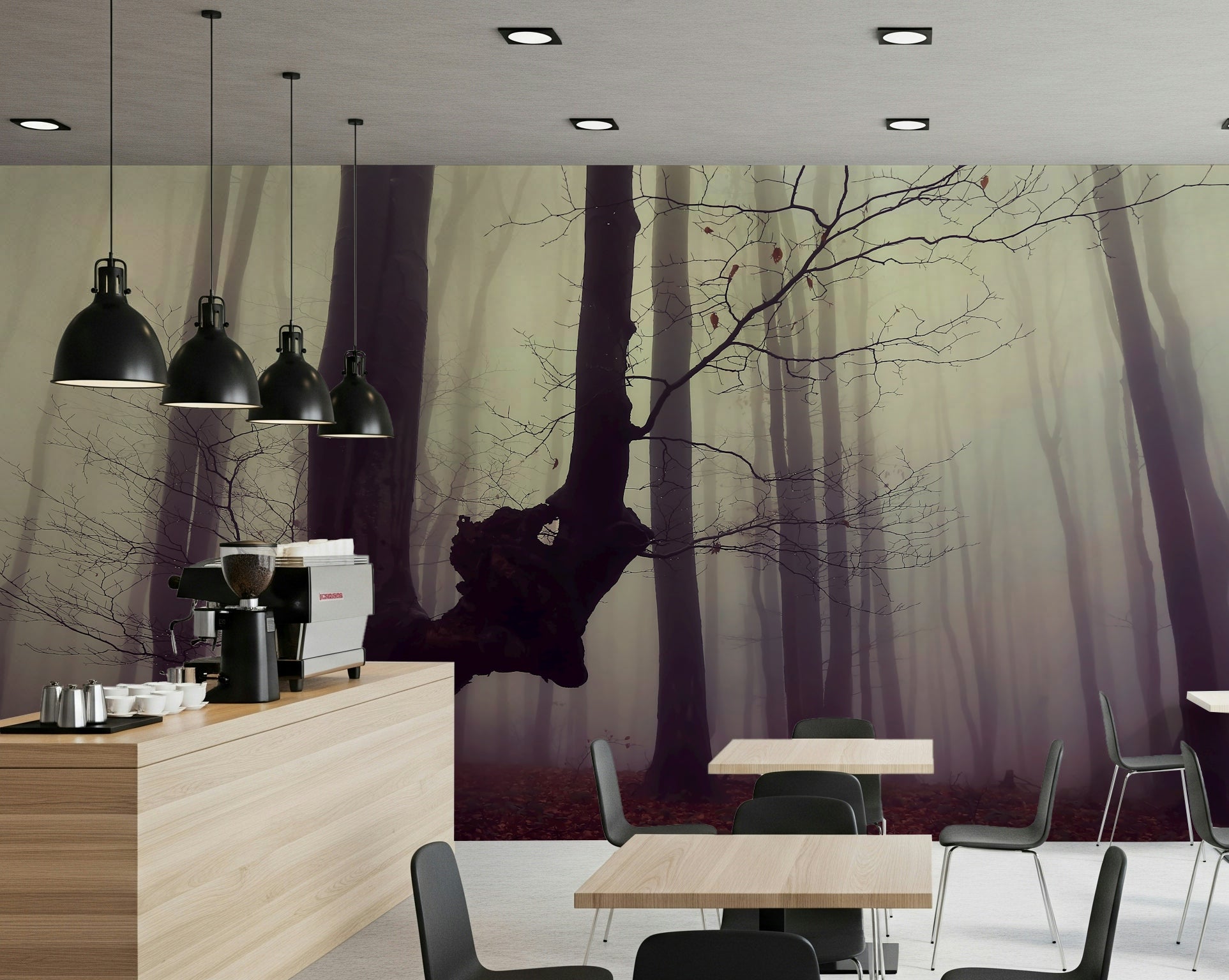 Wallpaper of a somber woodland, bare branches, deep forest scene.