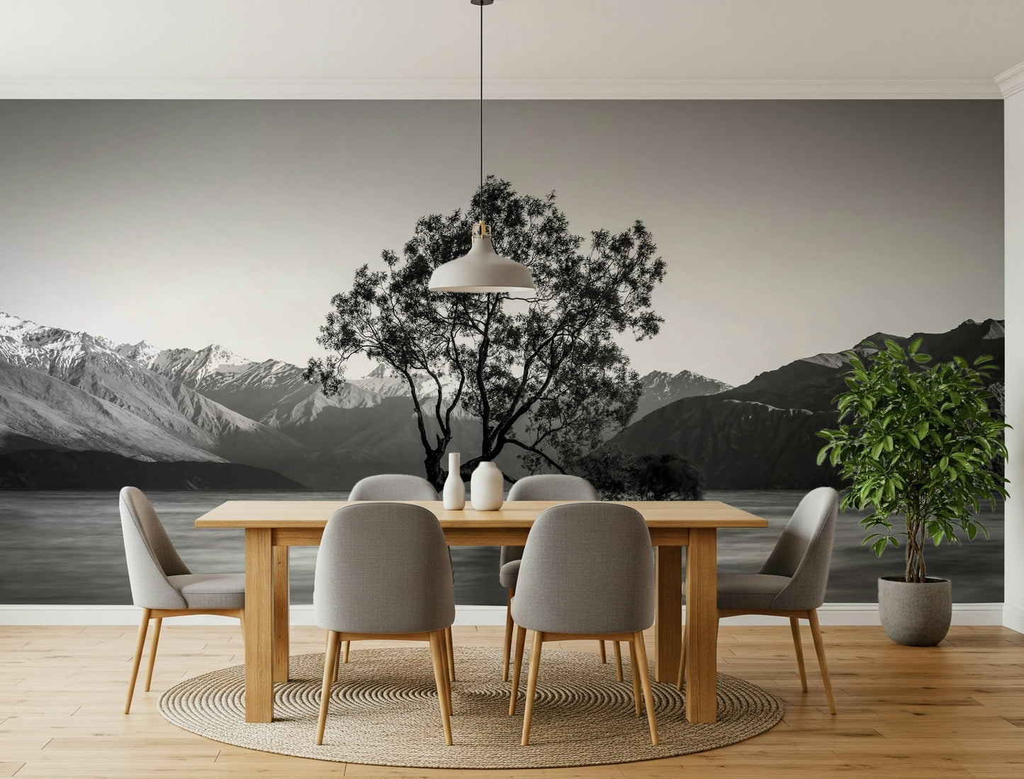 Serene grey scale lake view on Solitary Woodland wall mural panel.