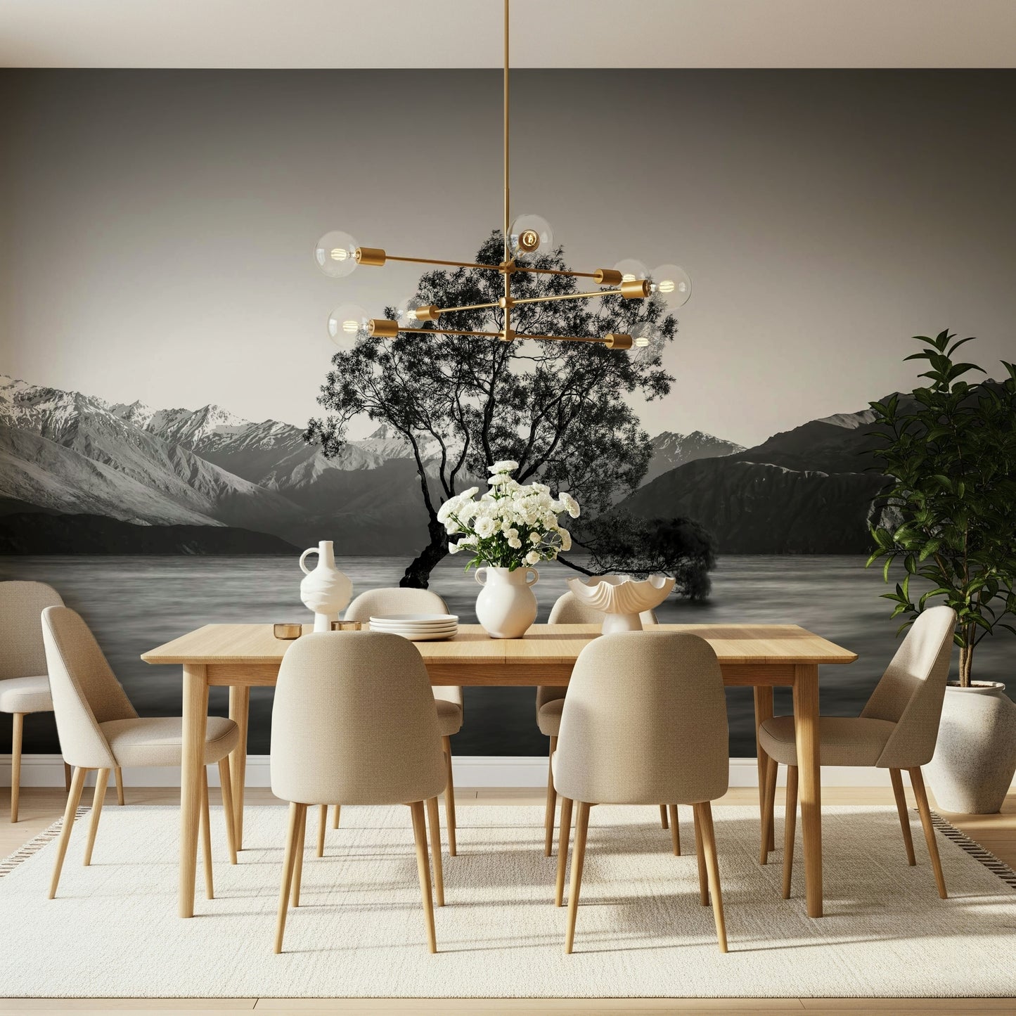 Black and white mountain landscape featuring Solitary Woodland wall mural design.