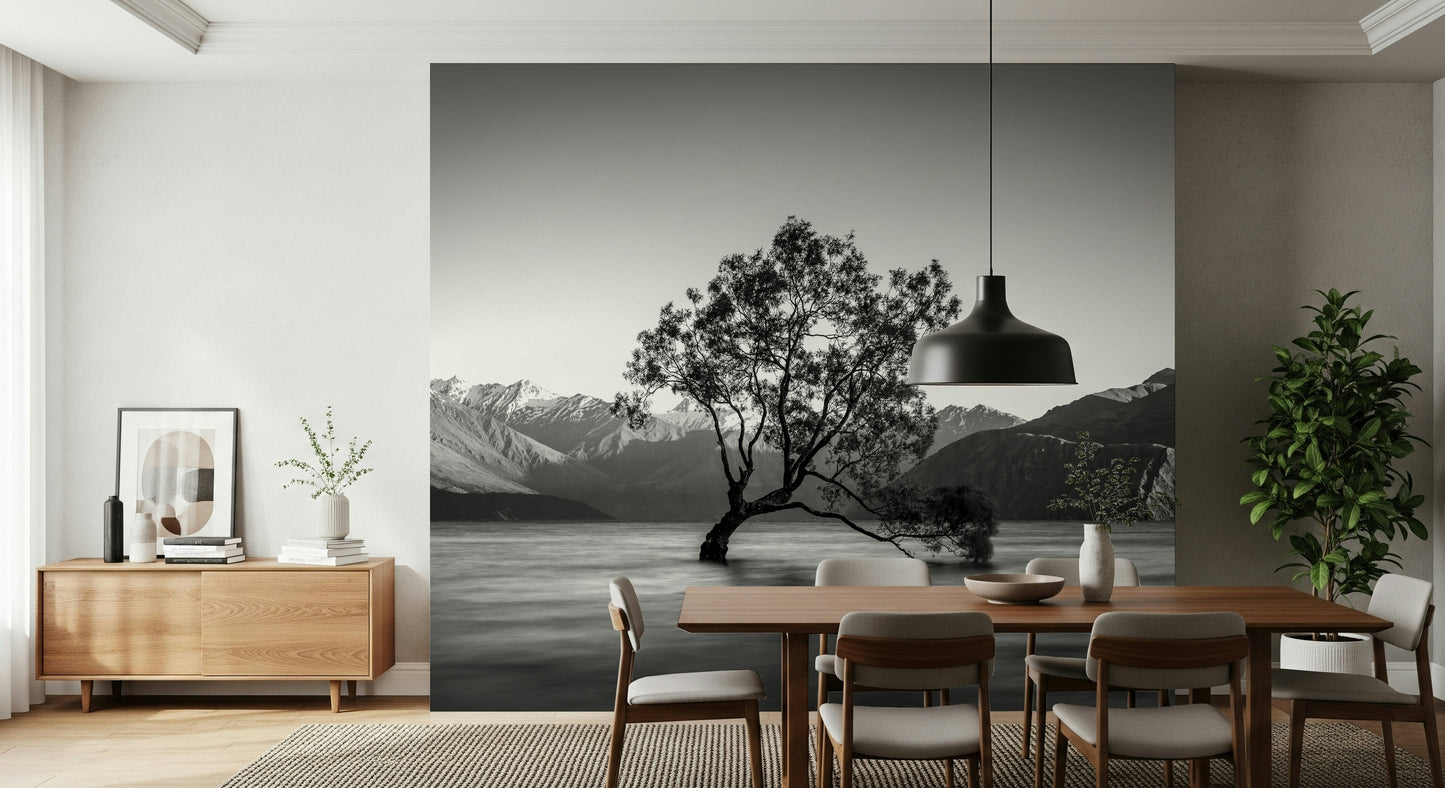 Minimalist nature scene with single willow in Solitary Woodland wallpaper for walls.