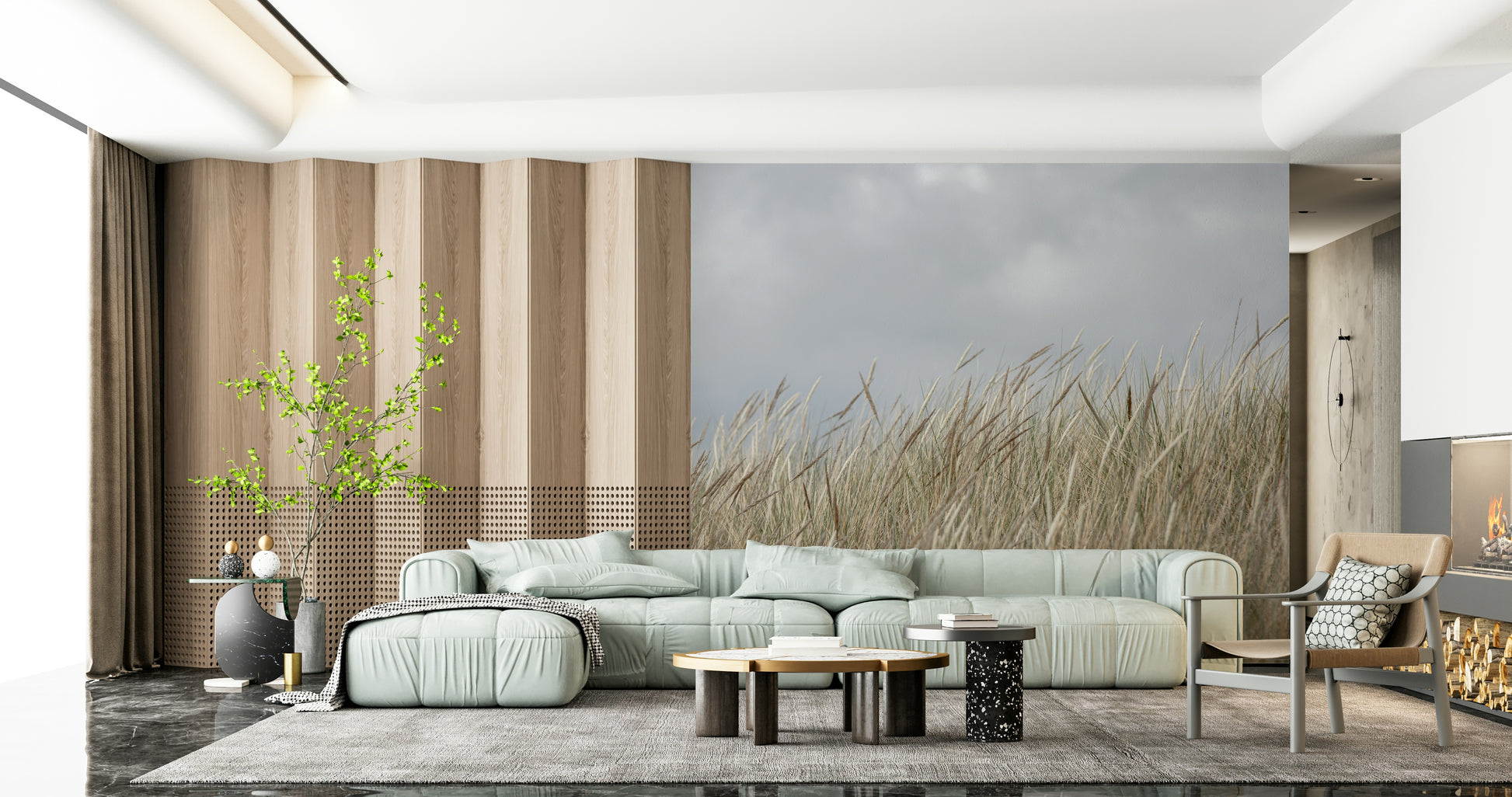 Minimalist botanical wall mural with Woodland Dune Grass blowing in wind.