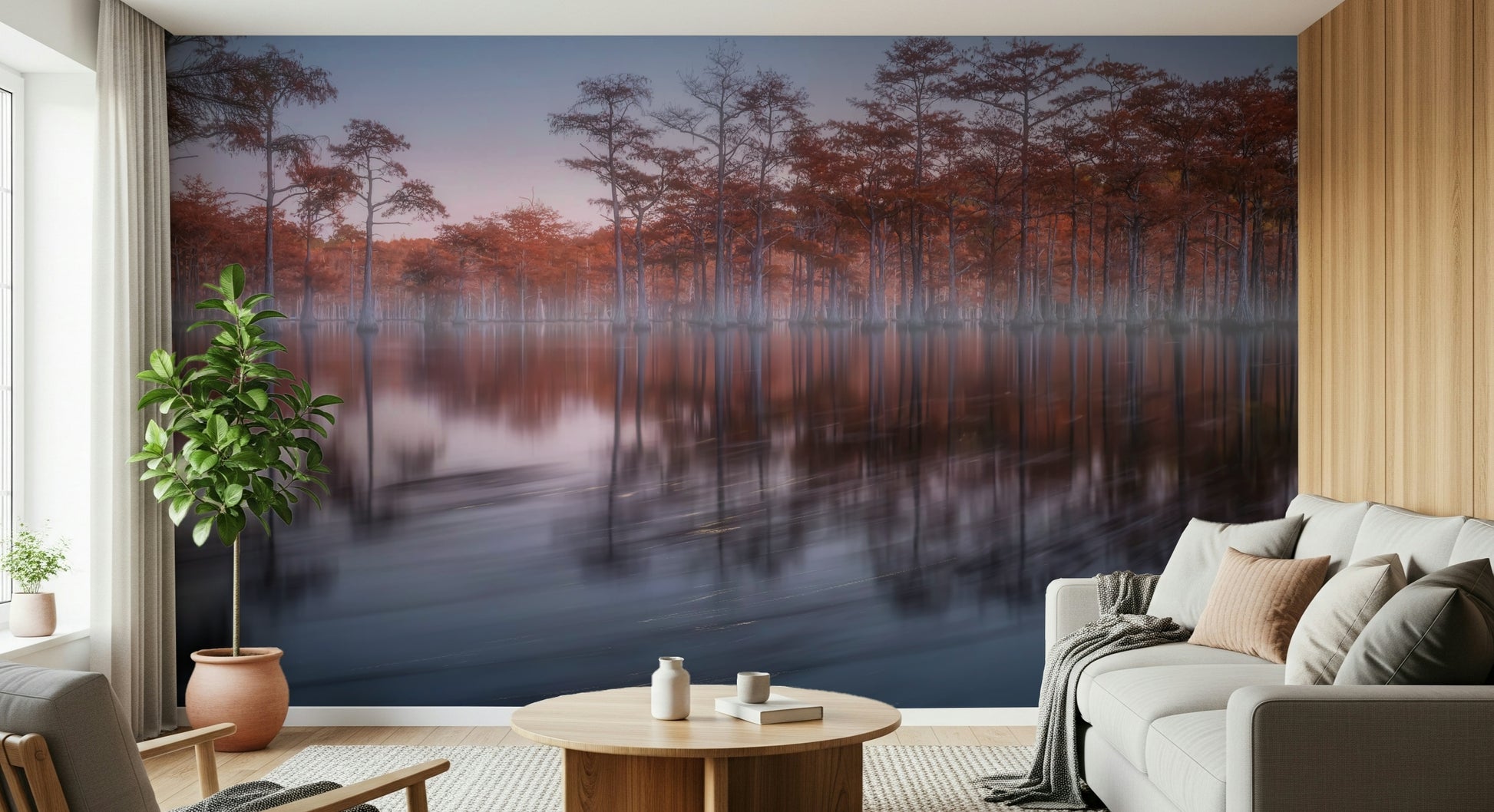 Woodland Twilight Lagoon wallpaper displaying submerged tree trunks in still lake waters.