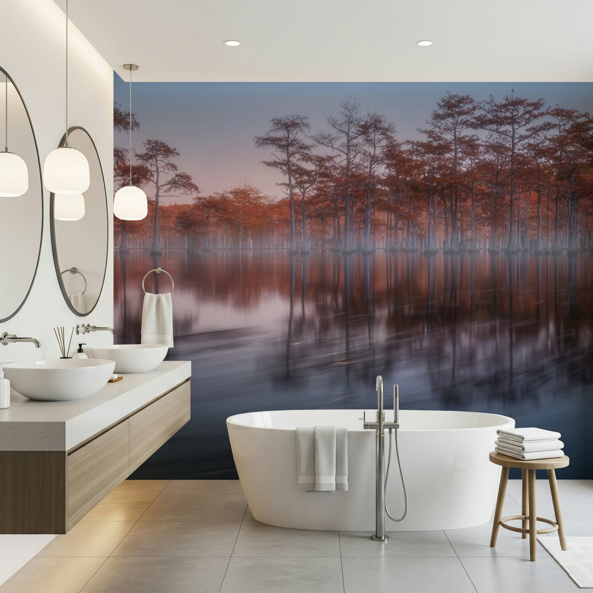 Misty red trees over calm water in Woodland Twilight Lagoon wallpaper design.
