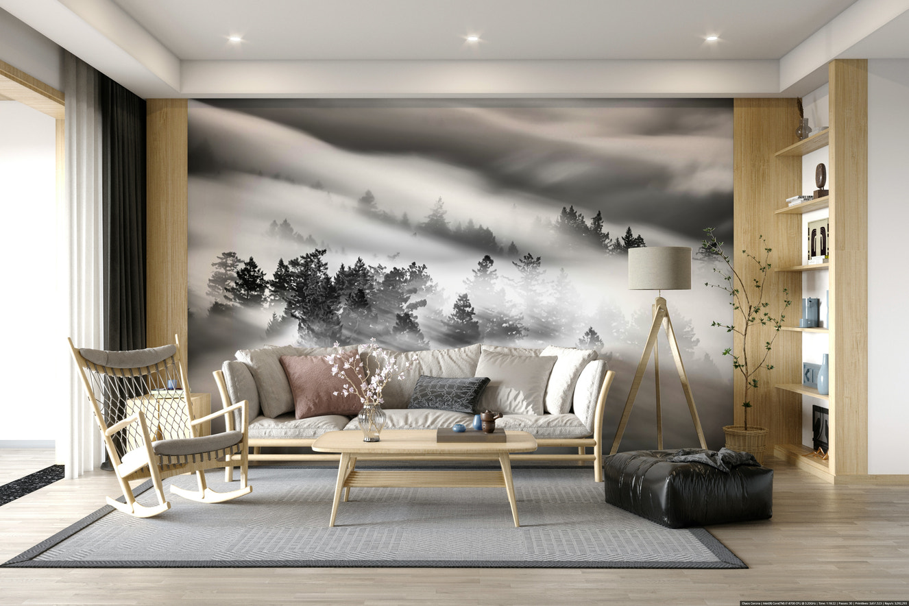 Streaked monochrome fog of Woodland Mist Velocity wallpaper surface.