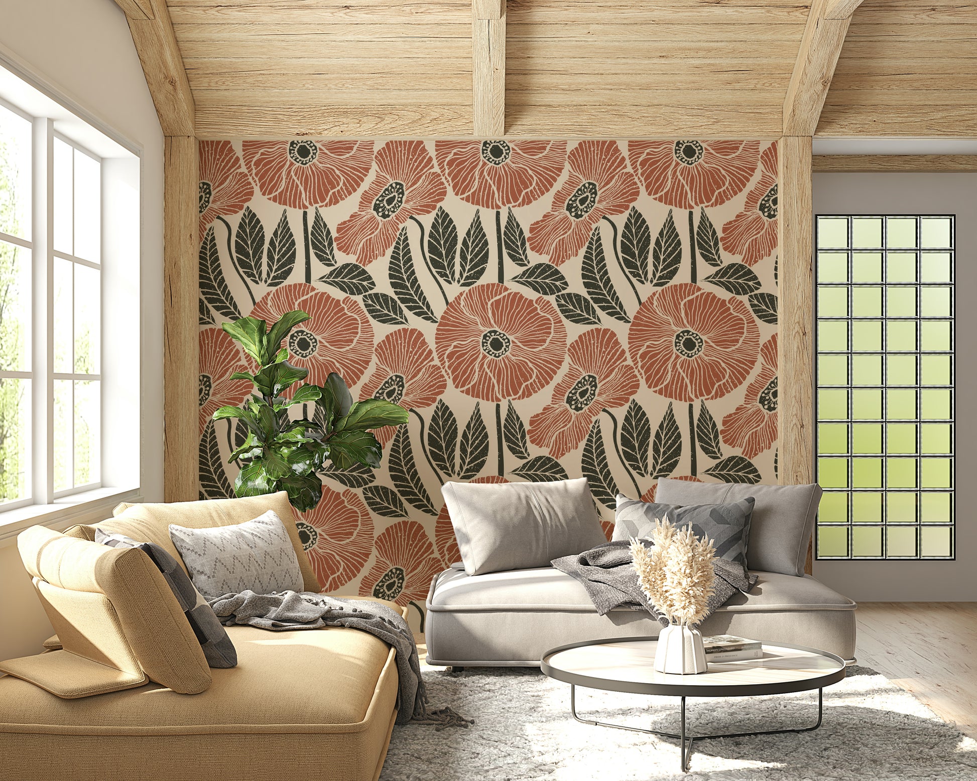 Large stylized poppy flowers on Poppy Floral Modern Rustic Block wallpaper.