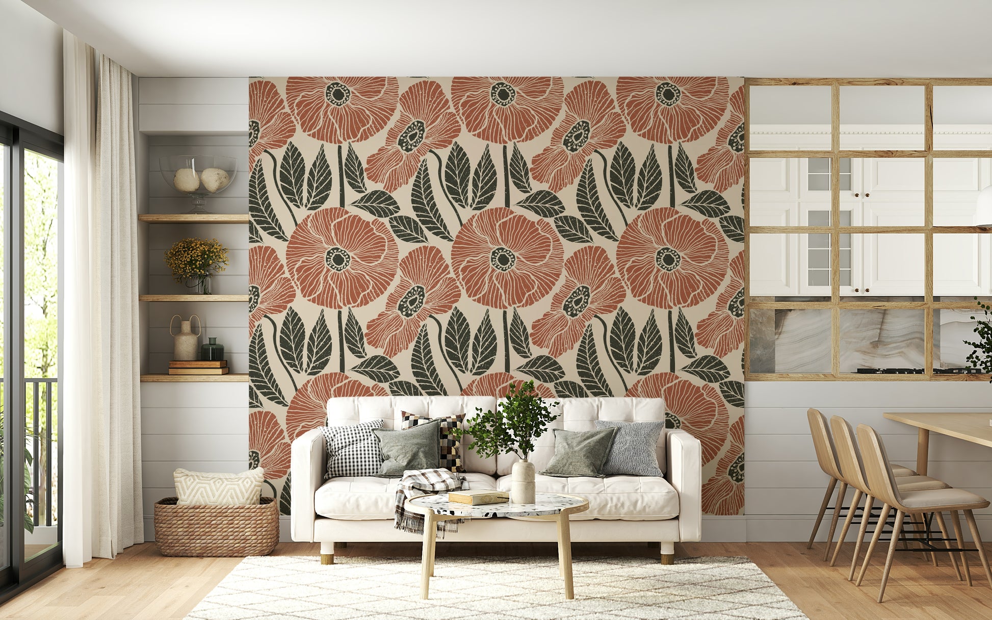Terracotta red and charcoal hues define Poppy Floral Modern Rustic Block for walls.