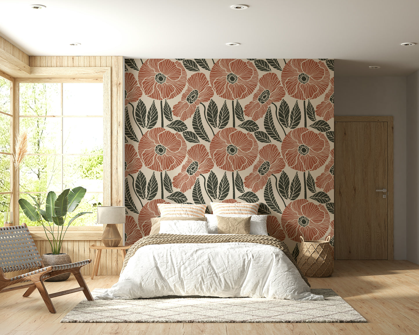 Symmetrical flower head motif on Poppy Floral Modern Rustic Block mural.
