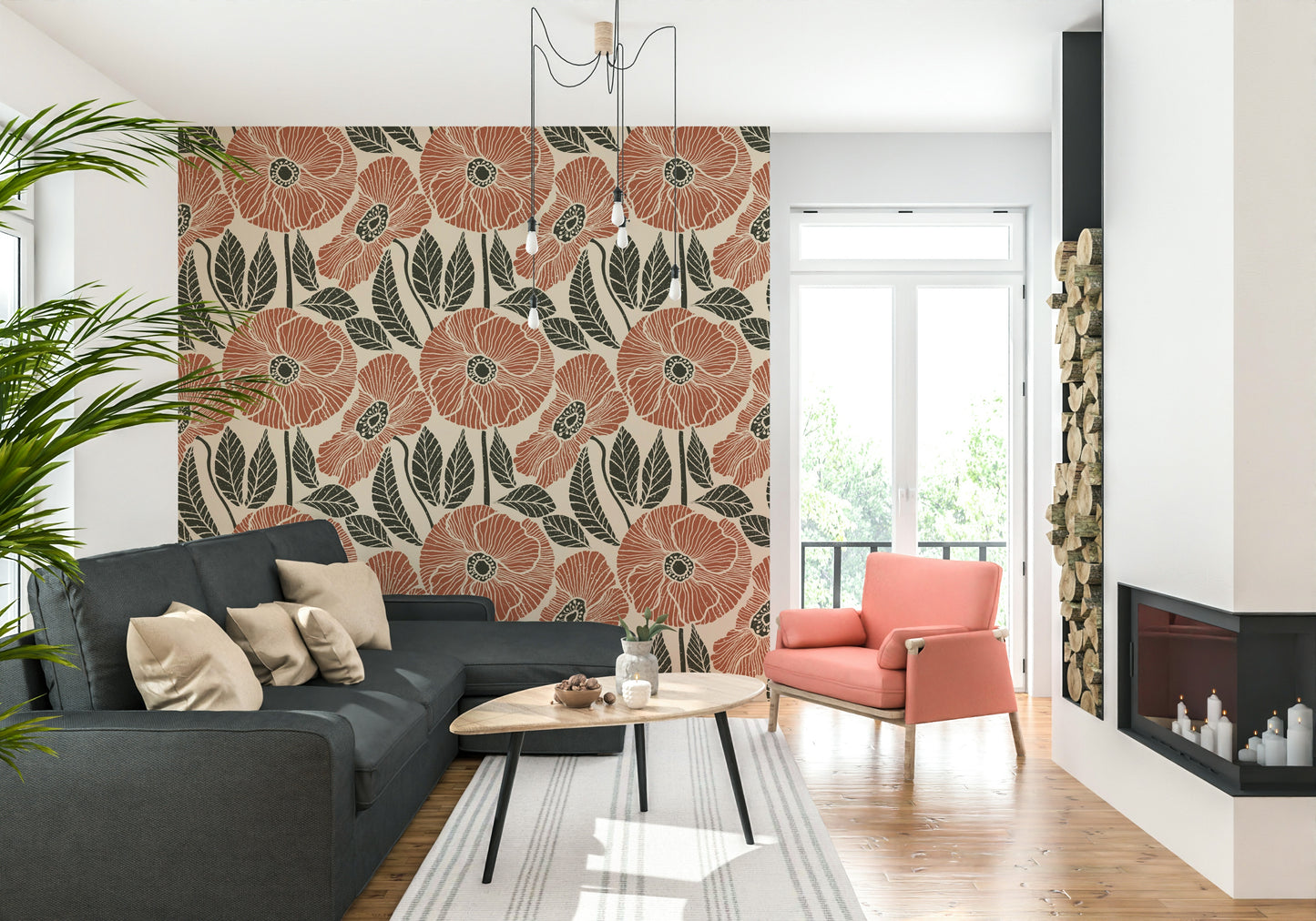 Quiet rhythmic aesthetic of Poppy Floral Modern Rustic Block mural art.