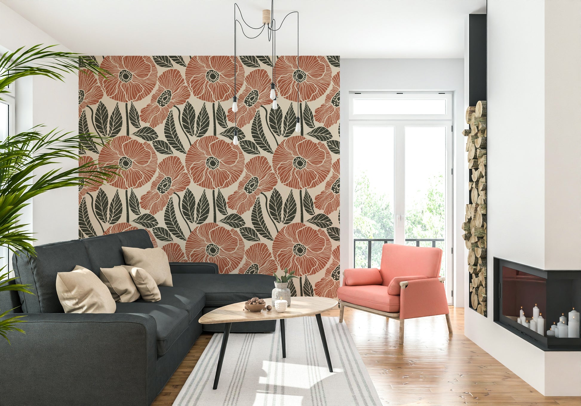 Quiet rhythmic aesthetic of Poppy Floral Modern Rustic Block mural art.