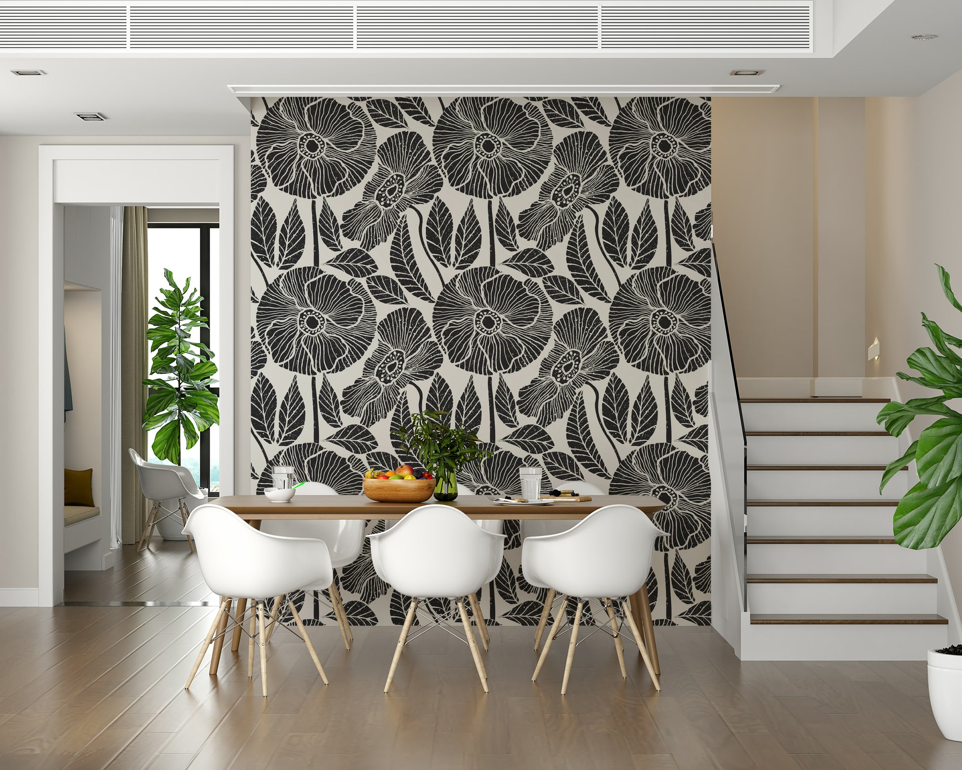 Poppy Floral Modern Block print wallpaper, textured black and white botanical design.