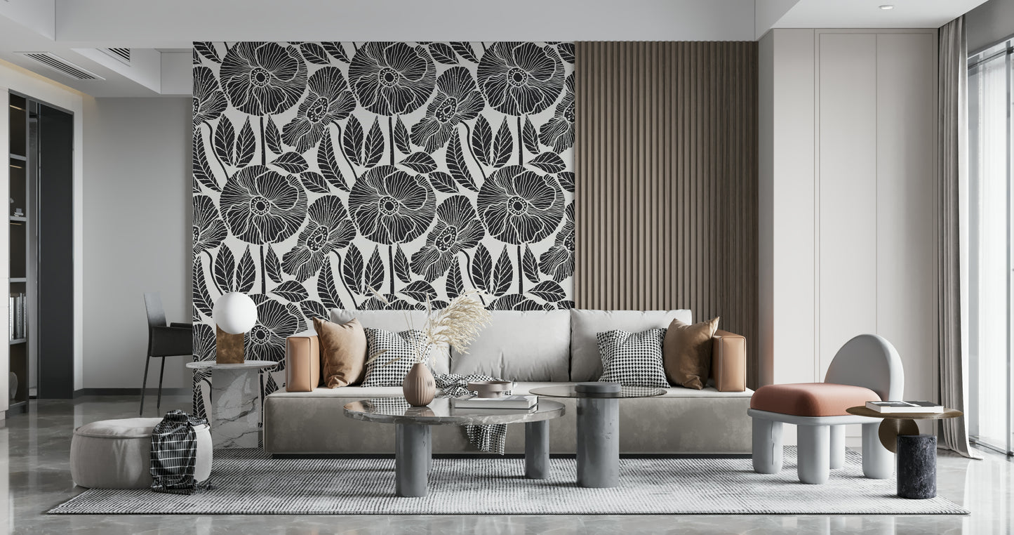 Rustic Black White Block Poppy vine wallpaper, detailed interior design element.