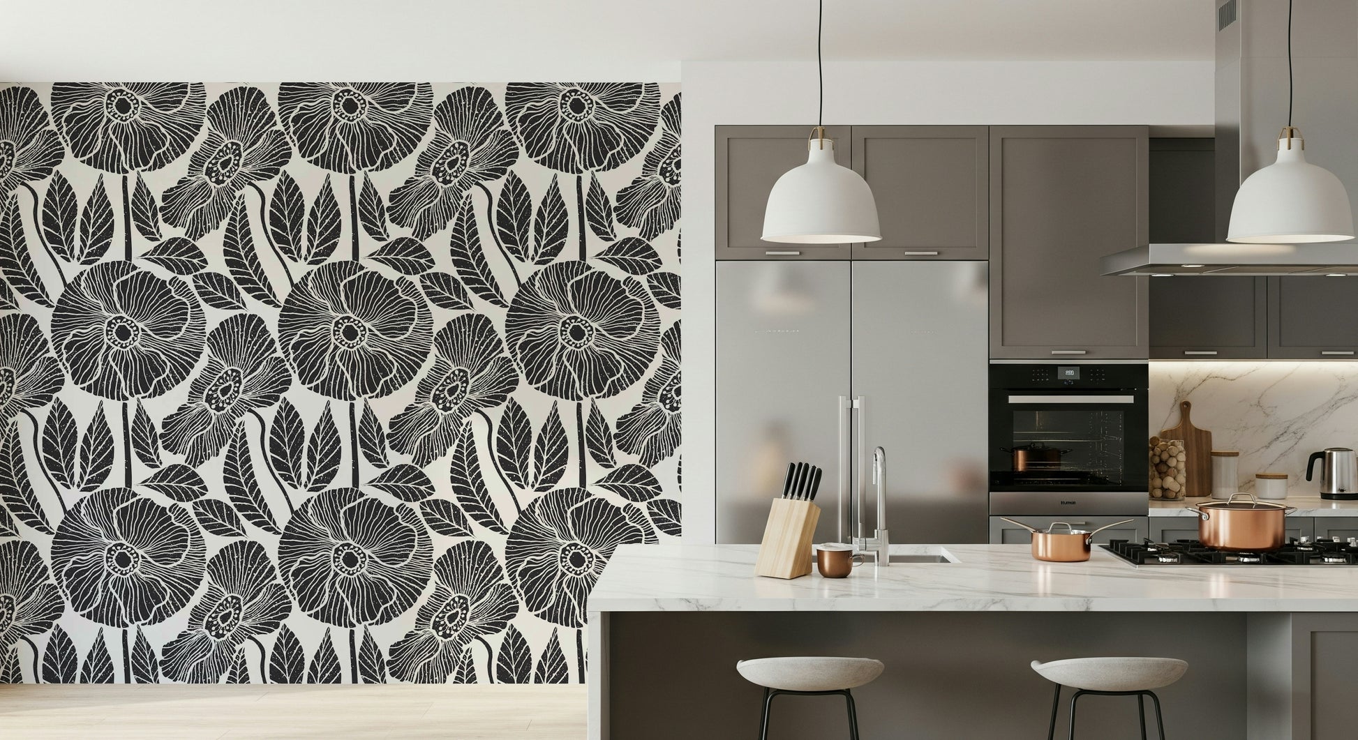 Hand-drawn Poppy wall mural, black and off-white abstract flower sketch.