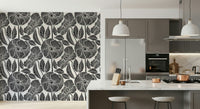 Hand-drawn Poppy wall mural, black and off-white abstract flower sketch.