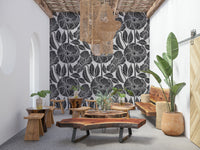 Monochrome Poppy Blossom distressed wallpaper, elegant contemporary mural.