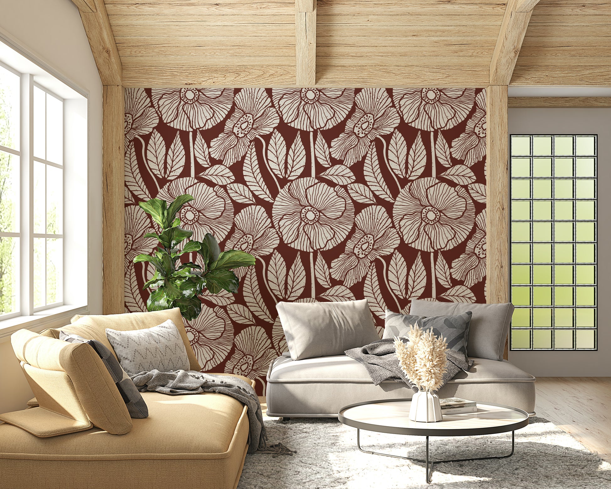 Hand-drawn bloom craft, vintage wall art, Burgundy Block fun covering.