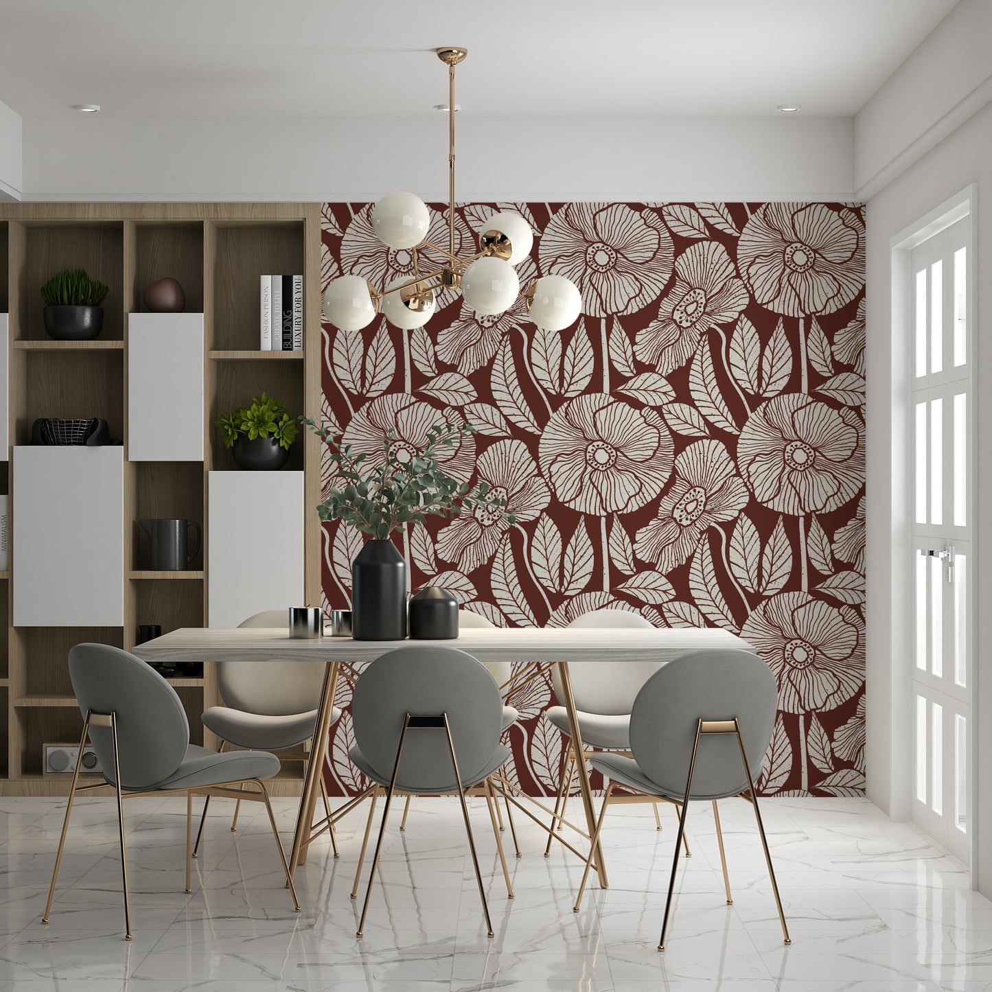 Small, graphic leaves, floral accents, Poppy Floral Modern home décor.