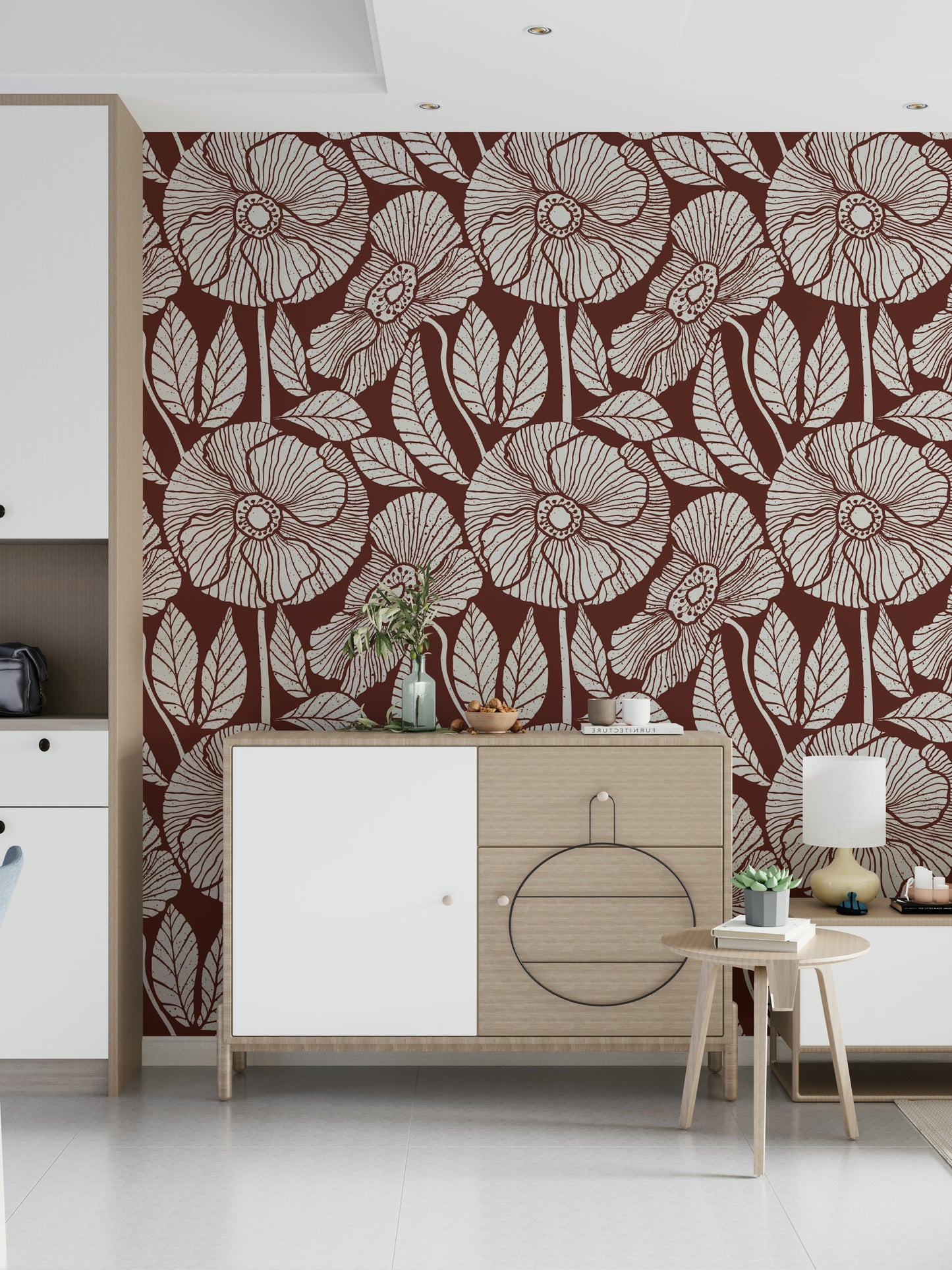 Feature wall mural, charming plant design, neutral terracotta background, bold look.