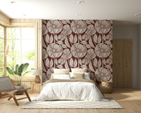 Playful hand-drawn poppies, antique maroon wall mural, Burgundy Block.