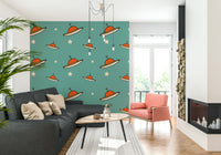 Playful alien ships, antique aqua wall mural, Minimal Vintage UFO Blue.