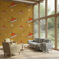 Small, graphic saucers, stellar accents, Vintage UFO Mustard home décor.