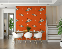 Fun cosmic pattern, Vintage UFO Orange design, flying saucers and stars wall covering.