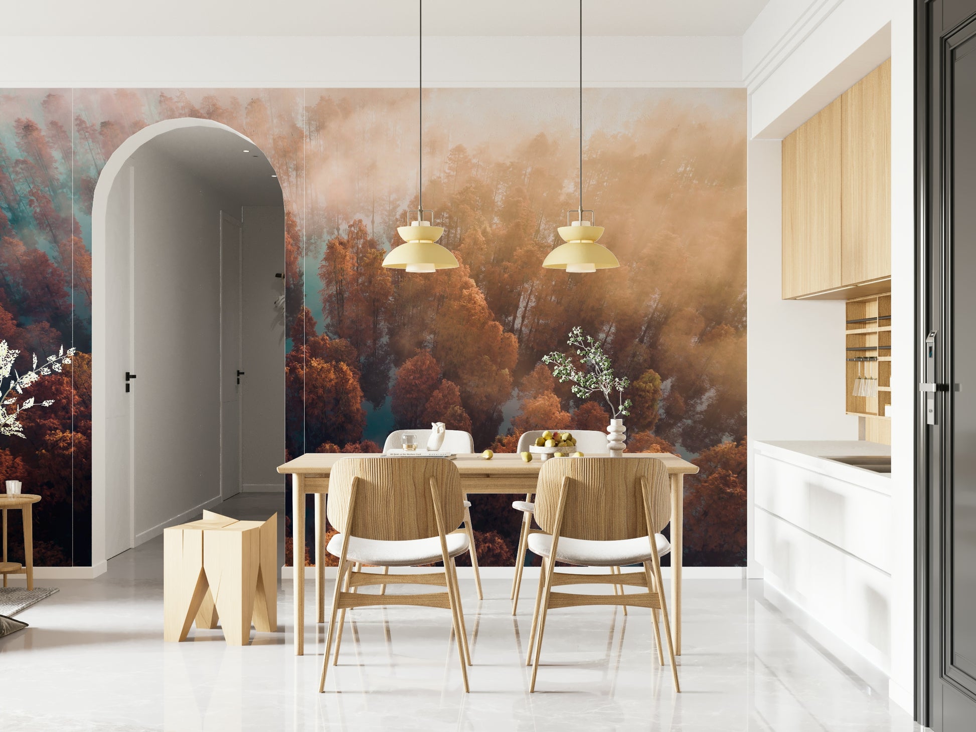 Misty Autumn Forest design, red and gold tree crowns, quiet woodland setting.