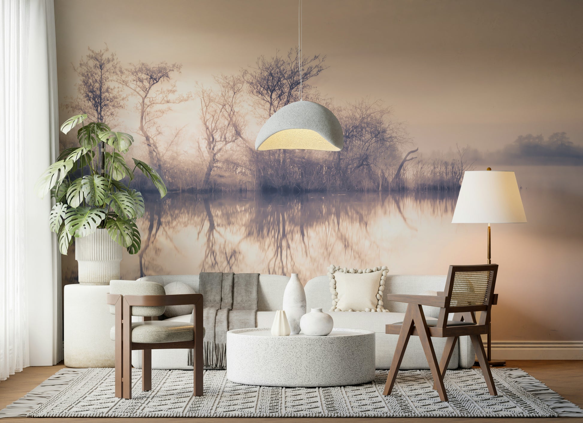 Misty waterside scene mural, product name Serene Reflections.