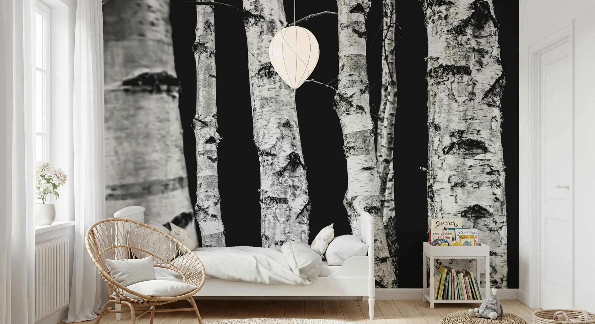 Stunning woods mural showcasing vertical birch trunks in monochrome.