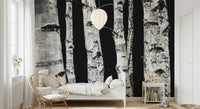 Stunning woods mural showcasing vertical birch trunks in monochrome.