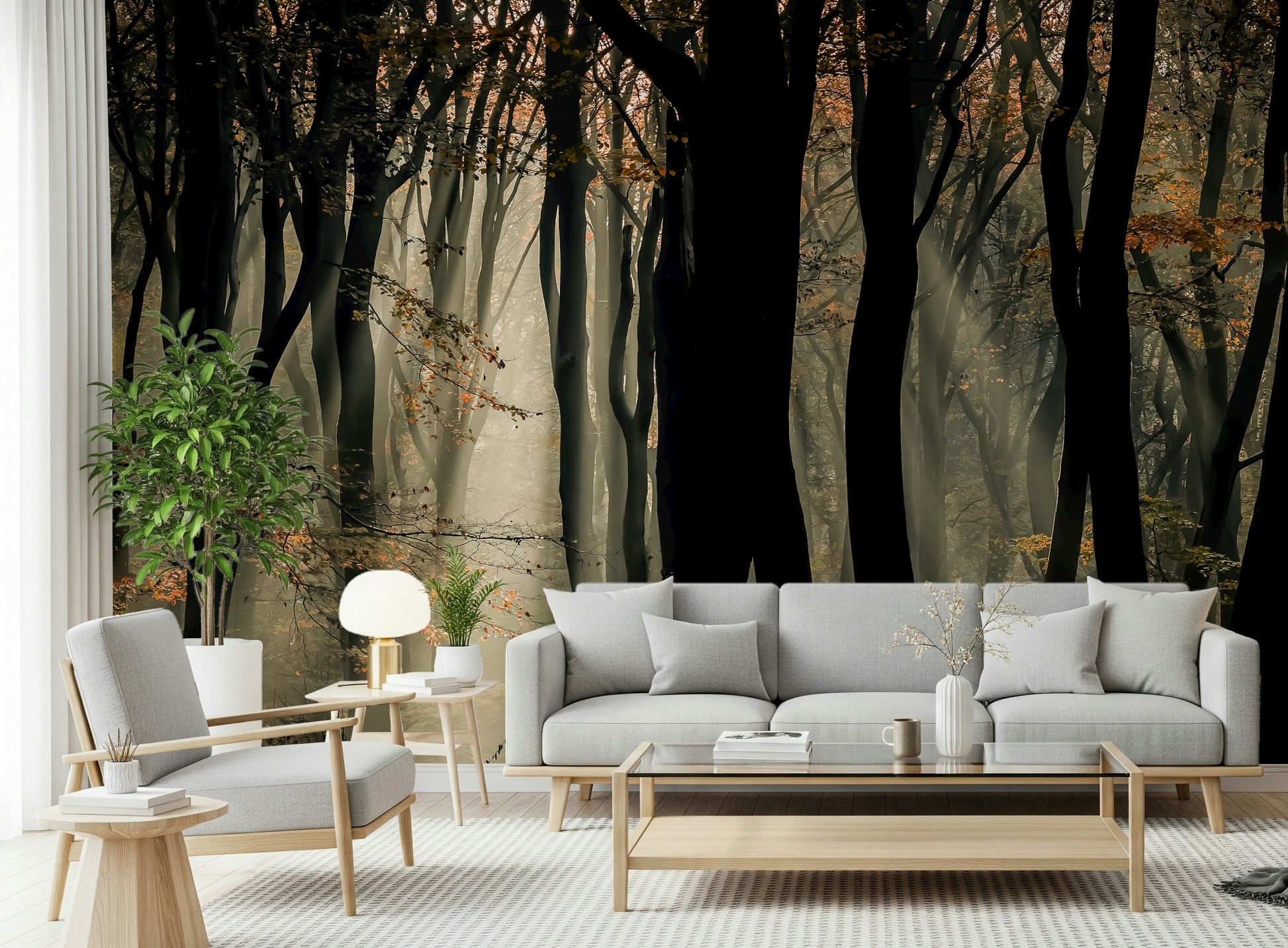 Shadowy forest art, ethereal light shafts, captivating Mystic Woods theme.