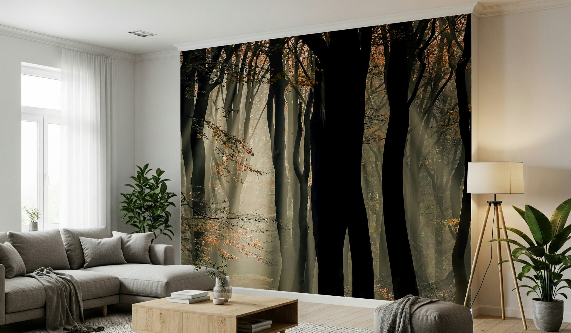 Vertical tree trunks, misty wall mural, beautiful Mystic Woods design.