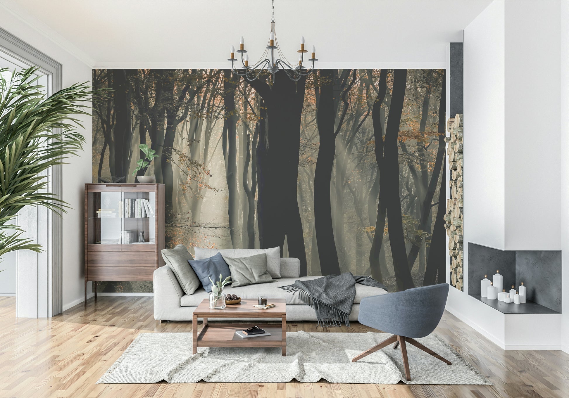 Enchanting foggy wood mural, stunning nature art, amazing Mystic Woods.