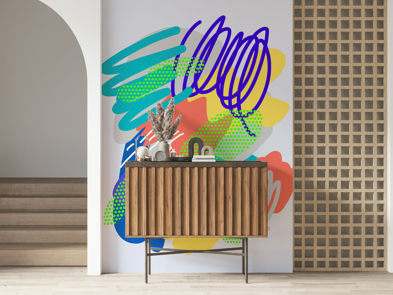 Bold modern wallpaper, energetic geometric shapes, Wonders2 design.