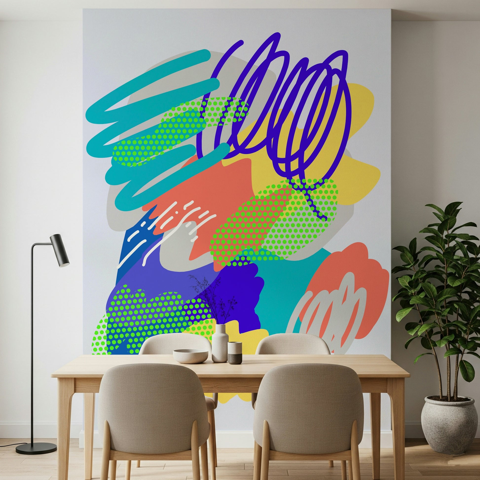 Playful scribble wallpaper, contemporary colors, awesome Wonders2 print.