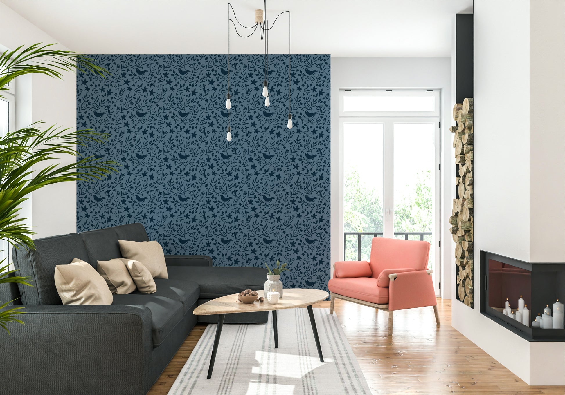 Blue Scandinavian Folk Bird Botanical wall mural, deep indigo pattern.