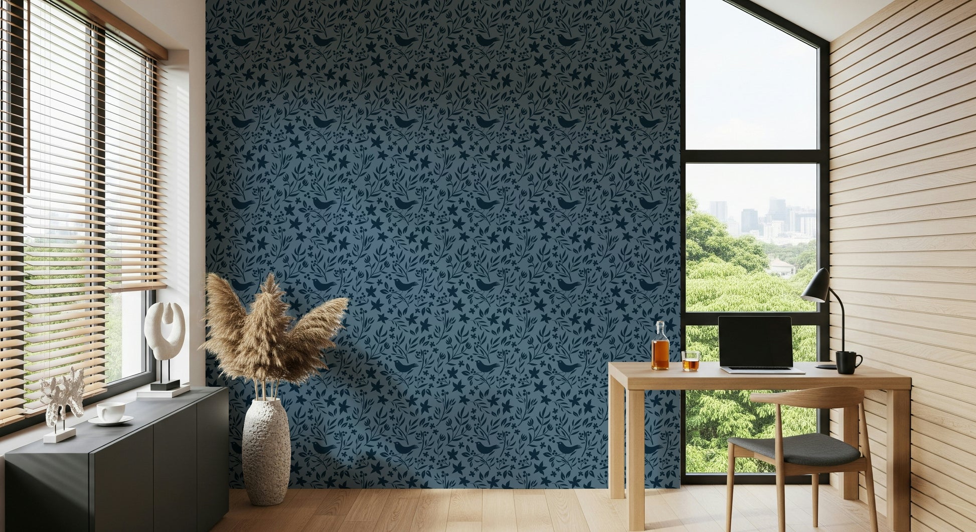 Wall mural Blue Folk, stylized blossoms, dark sapphire palette.