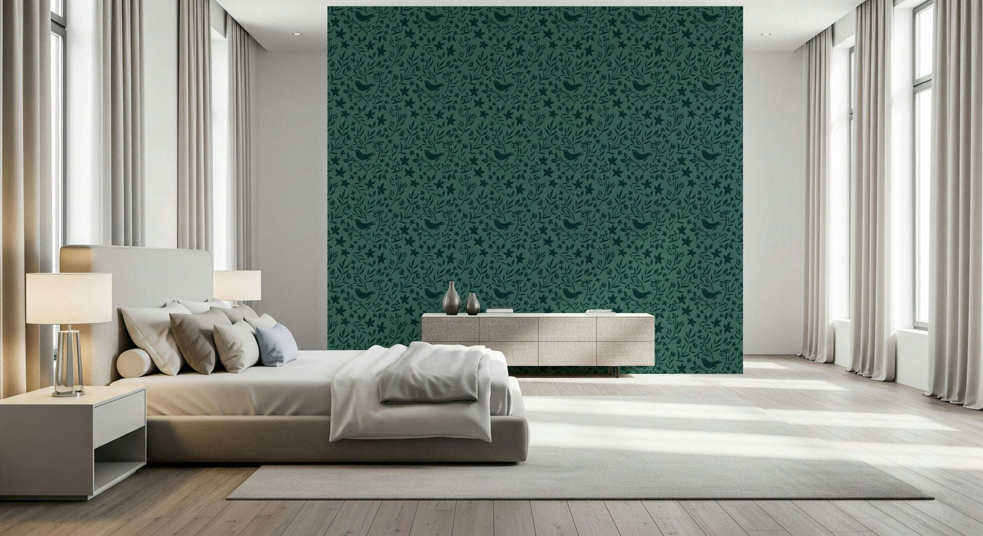 Monochromatic green wallpaper for walls featuring scandi birds.