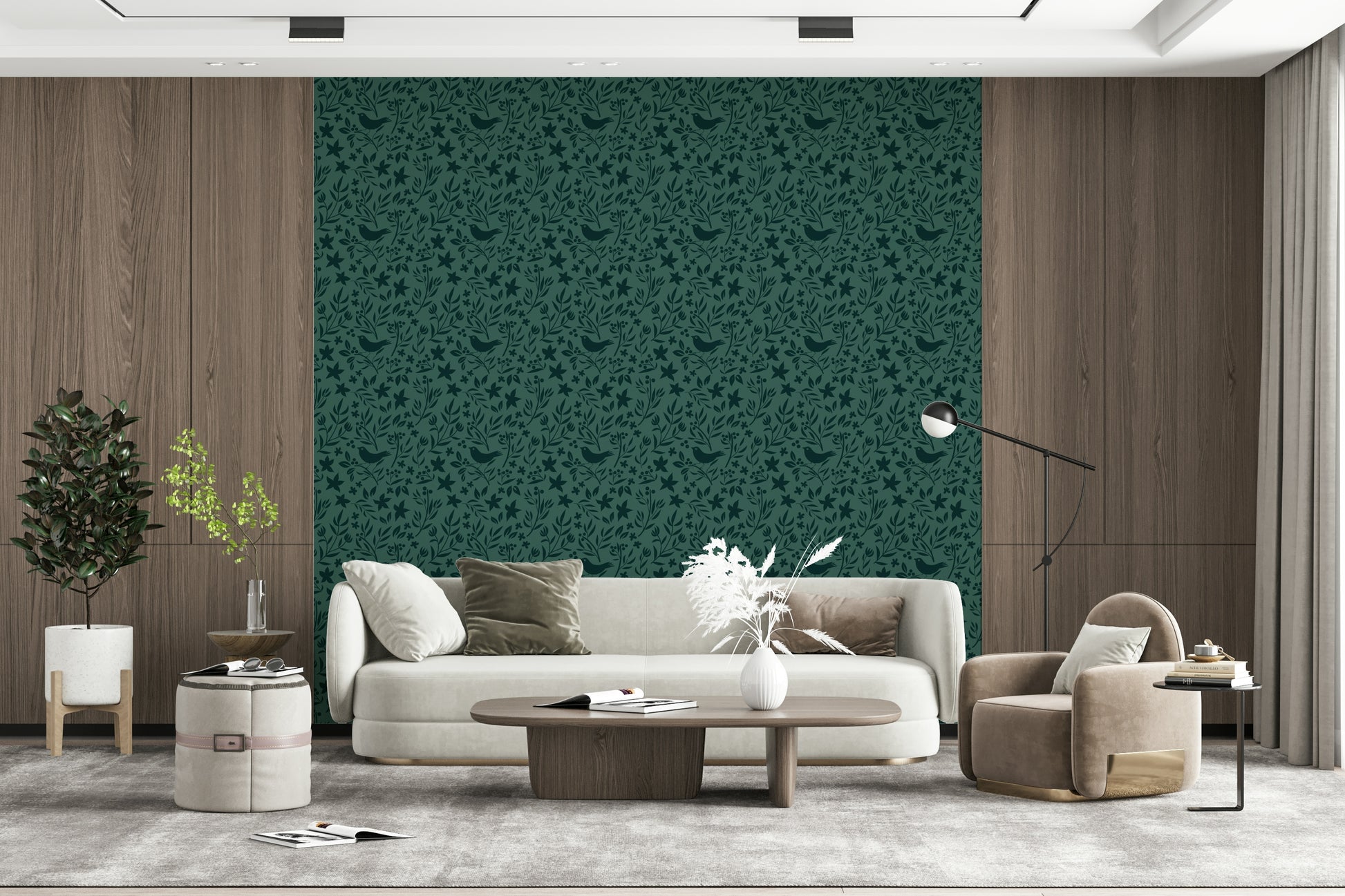 Artistic botanical wallpaper with small birds among vines.