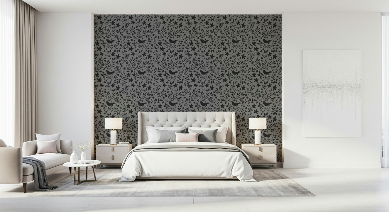Sophisticated wallpaper, dark gray silhouettes, peaceful avian theme.