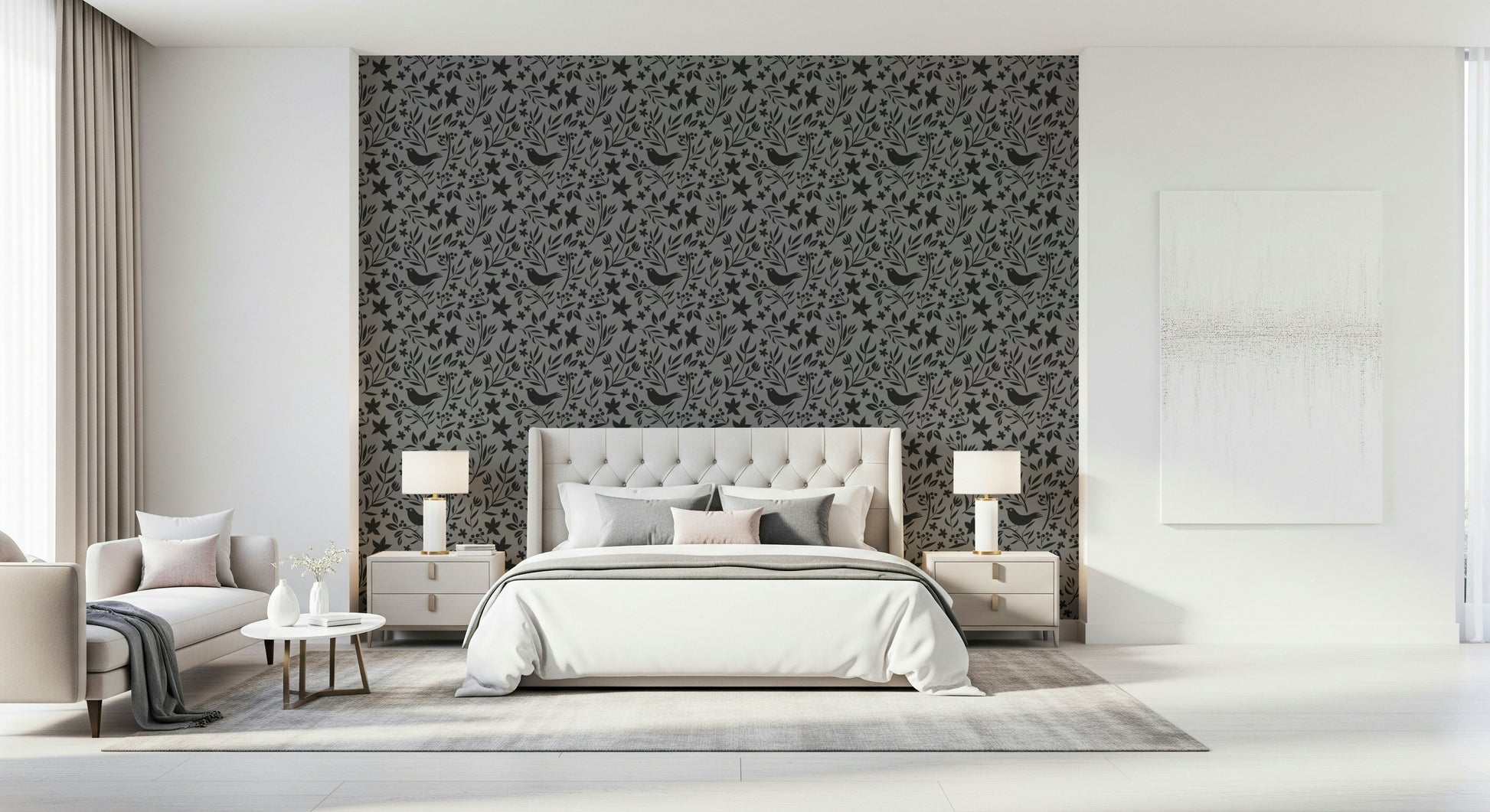 Sophisticated wallpaper, dark gray silhouettes, peaceful avian theme.